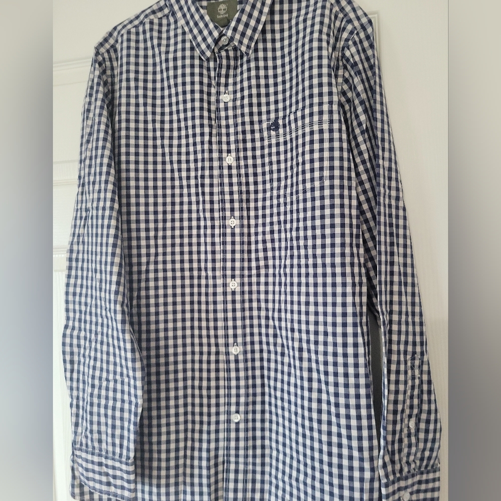 Timberland Mens  Button Down Shirt Medium Long Sleeve Blue And White Plaid